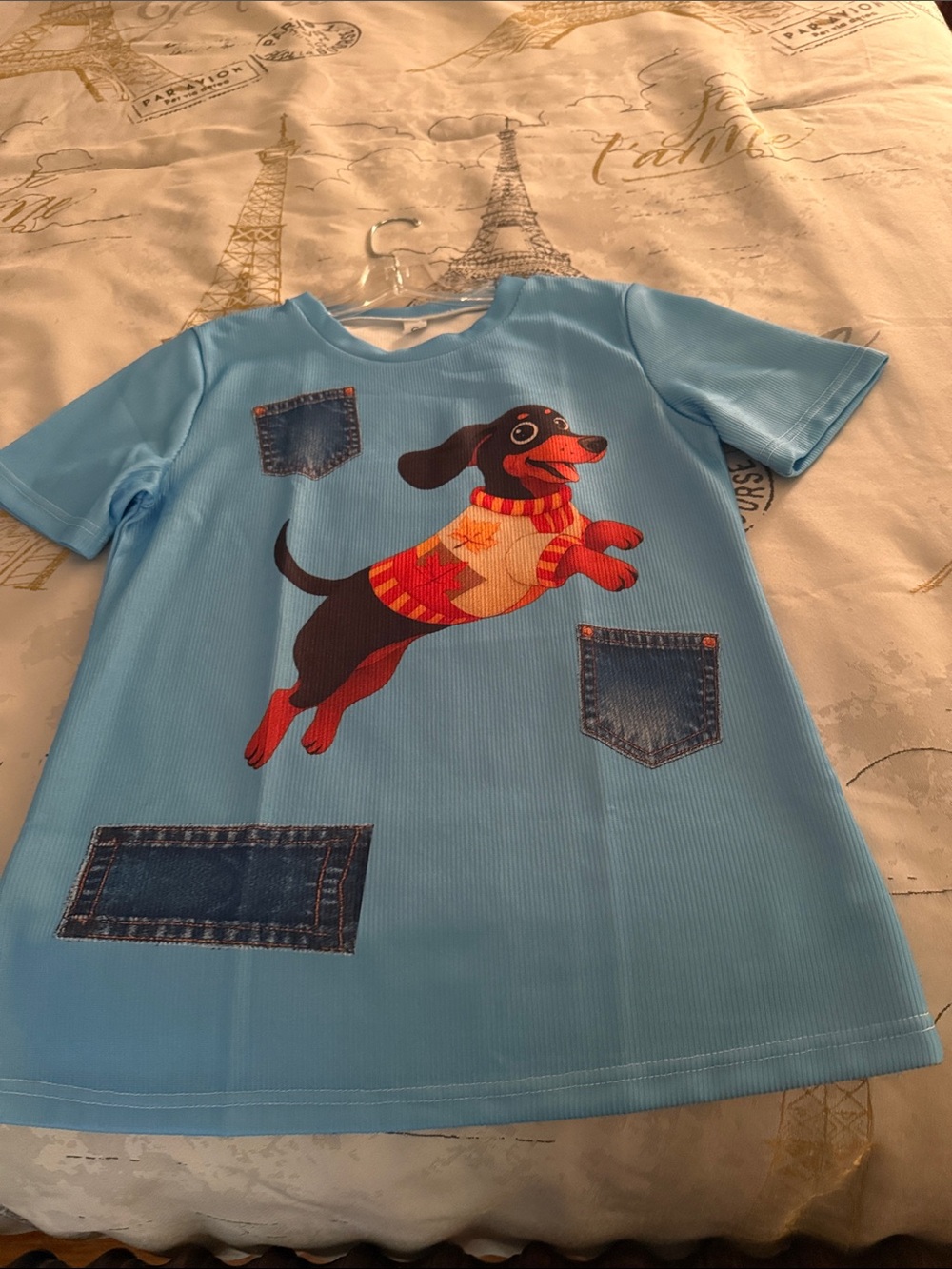 Light Blue Short Sleeve Tee with Playful Dog Graphic
